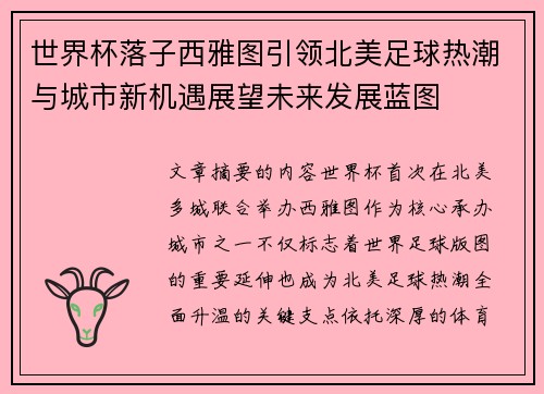 世界杯落子西雅图引领北美足球热潮与城市新机遇展望未来发展蓝图