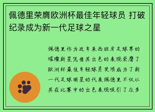 佩德里荣膺欧洲杯最佳年轻球员 打破纪录成为新一代足球之星